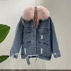 QIUCHEN- QC5095 new arrival free shipping ready to ship real rex rabbit fur lined denim jacket