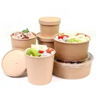 Eco Friendly Disposable Custom Printed Paper Salad Box Kraft Paper Bowl with Cover Lid