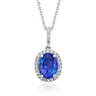 925 Sterling Silver Cubic Zircon CZ Halo Oval Cut Tanzanite Pendant Necklace