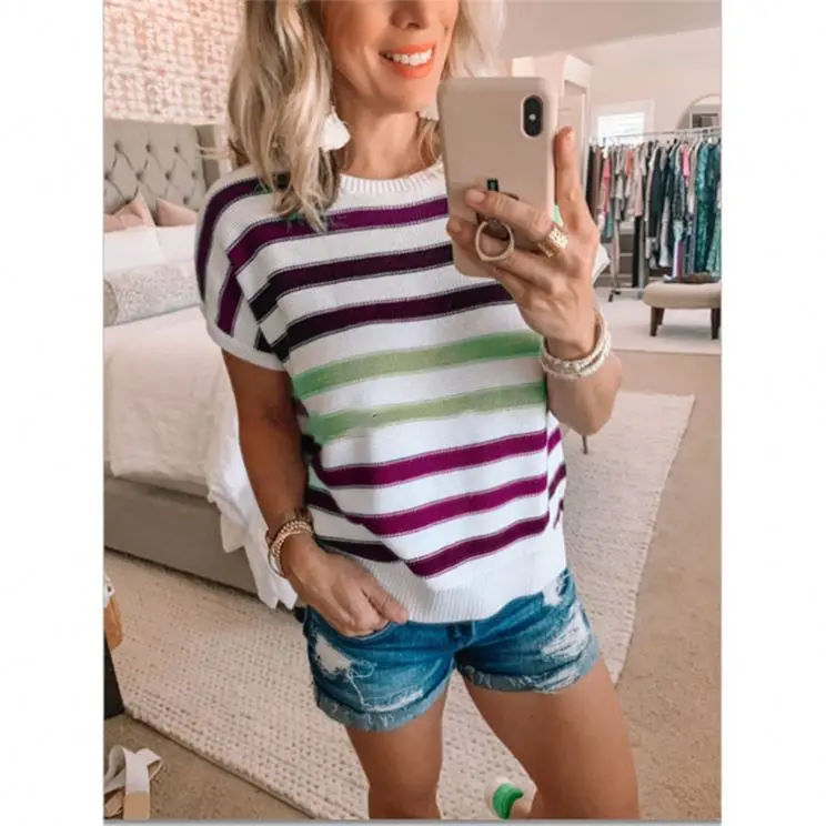 Good Quality Knitted Stripe Women Tops 2021 Patchwork Short Sleeve T-Shirt Ladies' Blouses Wholesale Ladies Tops
Good Quality Knitted Stripe Women Tops 2021 Patchwork Short Sleeve T-Shirt Ladies' Blouses Wholesale Ladies Tops
