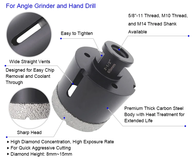 5/8-11 Thread Vacuum Brazed Core Drill Bit Diamond Hole Saw for Tile Marble Granite Dry Drilling