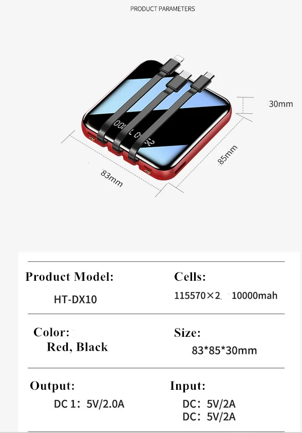 20000mAh Mirror Mini Power Bank Portable LED LCD Fast Charging slim Powerbank Quick Charge Mobile Charger with 3 in 1 cables