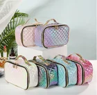 Wholesale popular fashion pu portable cosmetic bag creative square color plaid lady cosmetic bag Customized make up bag
