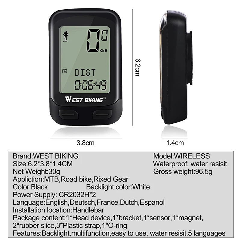 WEST BIKING 5 Language Bike Computer Fit For 2 Bike Speedometer Wireless Waterproof Stopwatch Wireless Exercise Bike Computer