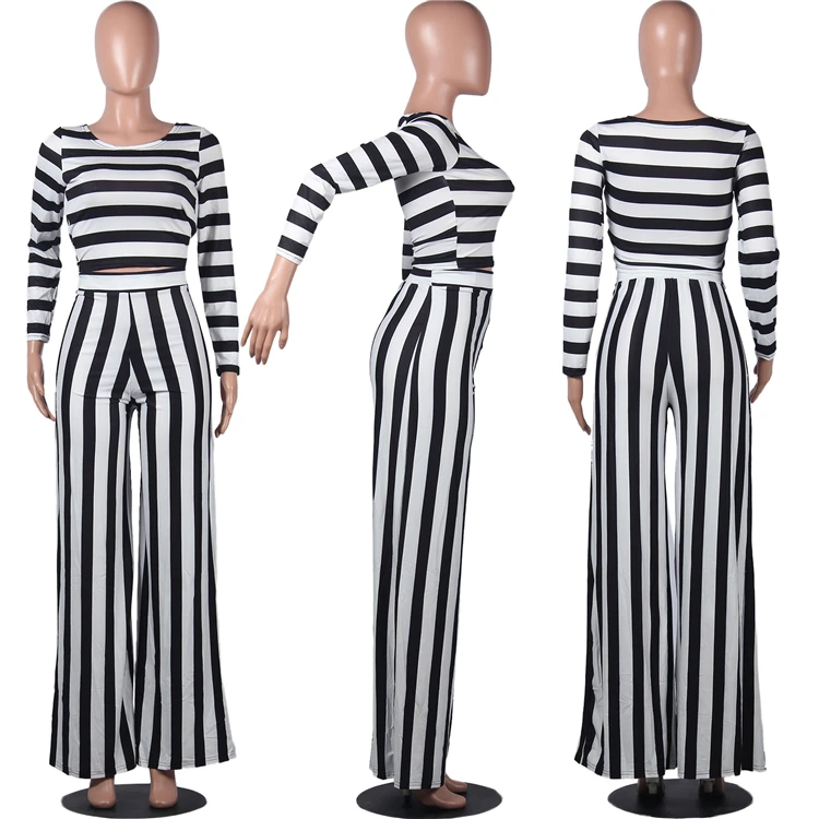 C90593 Fashion long sleeve stripe printing halter wide leg pants latest fashion woman casual two piece set