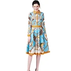 Young ladies spring summer lapel long-sleeved waist printed shirt skirt pleated casual dresses