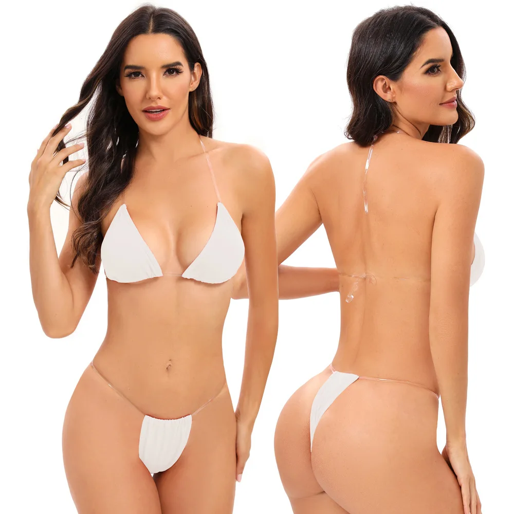 Three Point Bikini Pure Color Women S Swimsuit Transparent Shoulder