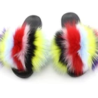 Wholesale luxury indoor women fluffy fox fur slippers fur slides