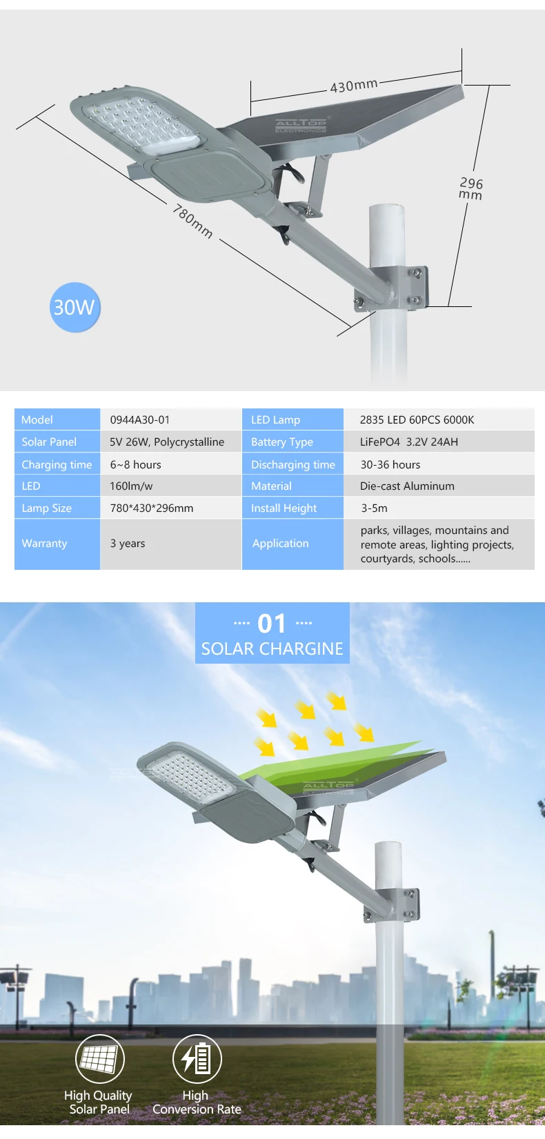 ALLTOP High power remote control outdoor lighting ip65 30w 60w led solar street light