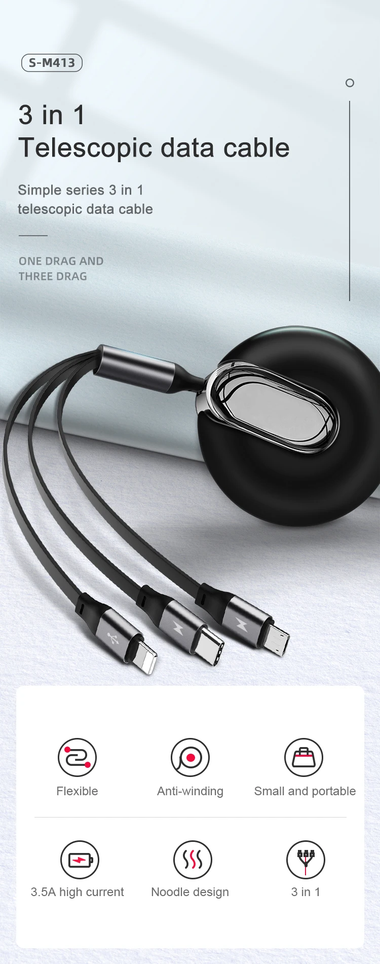 New Design 3 in 1 Data Usb Mobile Phone Charging Retractable Cable - ANKUX.COM