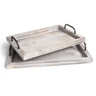 Set of 2 rustic vintage food nesting large wooden serving tray with handles