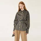 Hot fashion women's wild belt stripe long blouse comfortable cotton