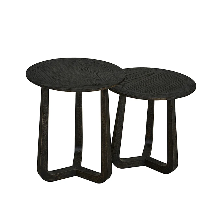 Europe style modern black solid oak wood round nest of 2 tables