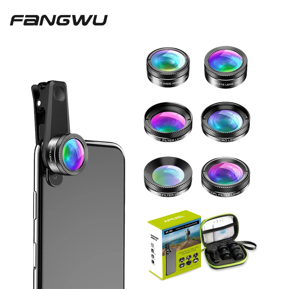 Apexel 6 in 1 Fish Eye-Macro-Wide Angle-Zoom-Filter Smartphone Telephoto Lenses