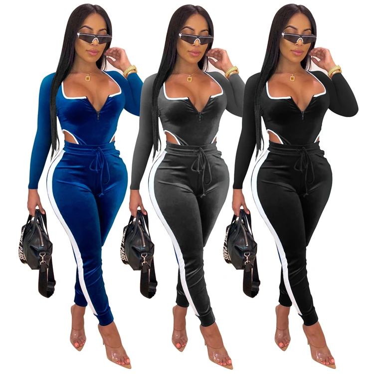 09AF348 hot sale long sleeve bodysuit trousers suede bodycon casual 2 piece pant set 2019