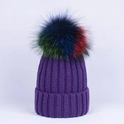 Cute lady Beanies caps Crochet Warm Knit Fur Ball Hats Kids Removable Fur Pom Pom Winter Fur Hat