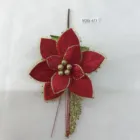 Velvet Xmas poinsettia flowers stem with green leaves and glitter for Christmas tree decor wholesale