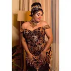 Sparkly Gold Sequined Mermaid Prom Dresses Plus Size African Formal Evening Gowns Dress Satin Sweep Train