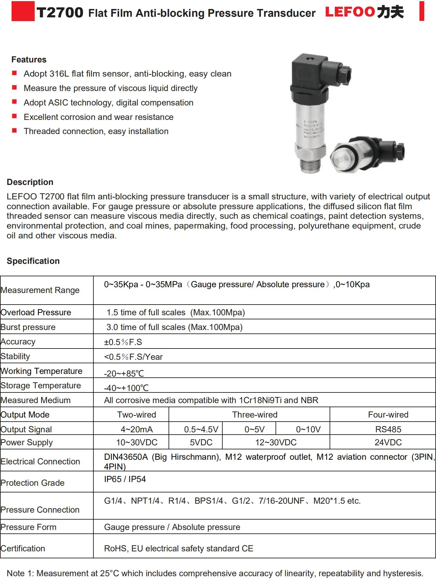 LEFOO LFT2700 Anti-blocking Flush-diaphragm smart Pressure Transmitter hirschmann pressure sensor pressure transducer 4 20ma