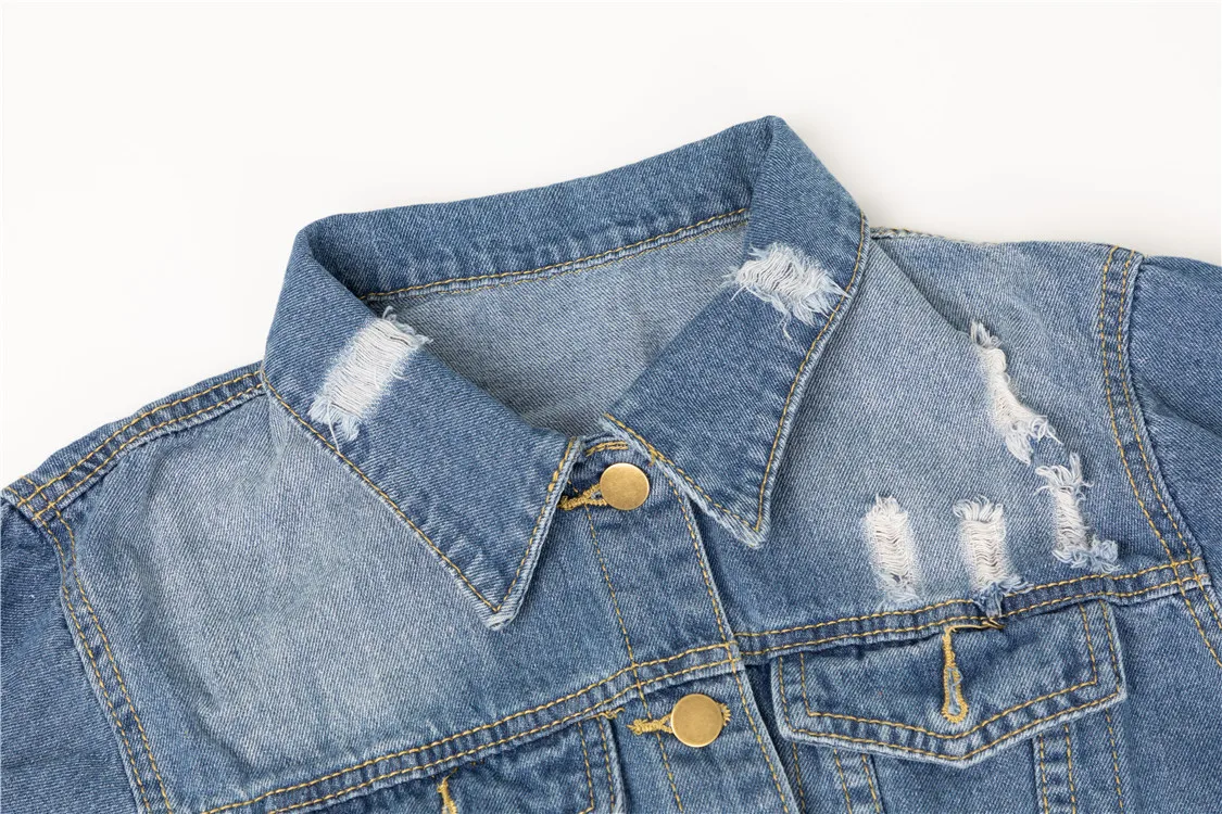 2021 Custom Wholesale Plus Size Distressed Jeans Women Blue Jackets Long Denim Jean Jacket for Ladies