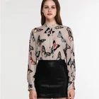 Women Blouse Mandarin Collar Long Sleeve Butterfly Print Women's Tops Shirt Blouse