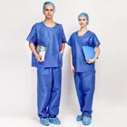 Wholesale Medical Scrub Suit shirt and pants nonwoven SMS Blue Scrub Suit