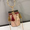 Vintage casual chain lady fashion crossbody bucket straw bag colorful round tassel womens handbags and purses women mini handbag