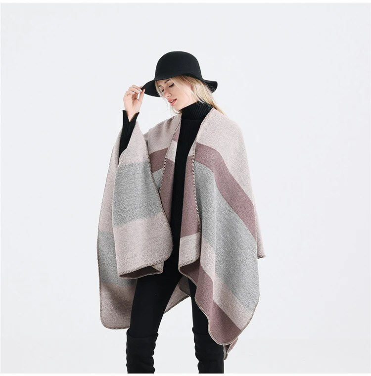 Wholesale Latest Winter Acrylic Thick Shawl For Women Fashion Stripe Print Scarf Oversize Cashmere Wool Pashmina Poncho Capes