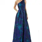 Custom Women Vintage One Shoulder Jacquard Fabric Box Pleat Maxi Evening Dresses