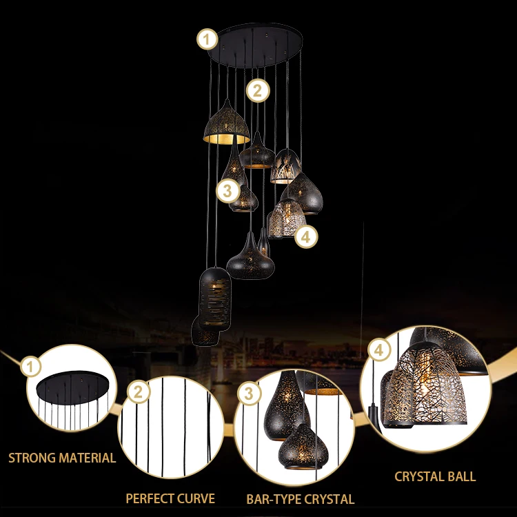 Circular Led Light Fancy Decorative Pendant Lights Hotel Black Gold Big Luxury Bar Glass Extra Large Chandelier