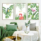 Green Leaf and Bird Nature Oil Painting Wall Art Decorative Triptych Modern Painting