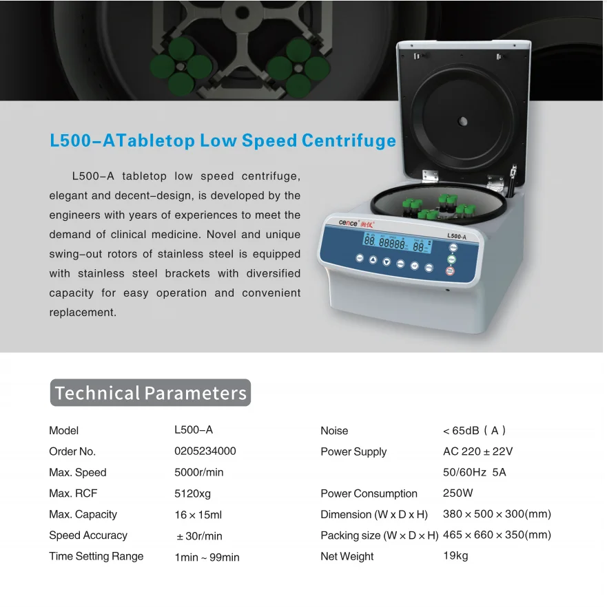 Benchtop Laboratory Centrifuge with Swing Out Bucket Rotor 19KG and ≤65dB(A) for Clinical Use