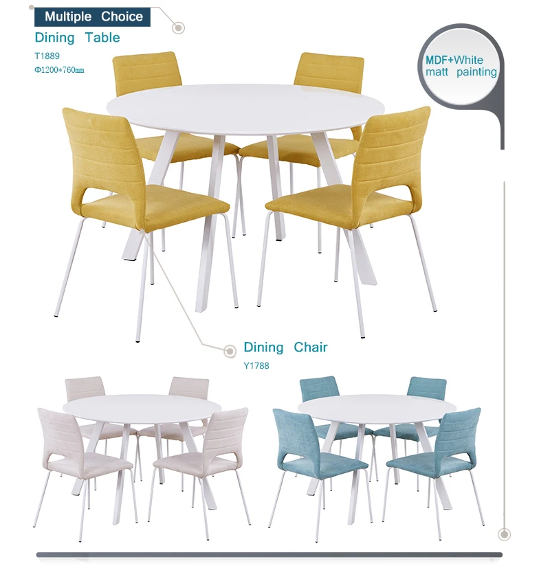 Supplier Chinese Home Furniture MDF dining table set  prink FABRIC metal chair