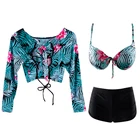 Hot Leaf Print Tankini Plus Size Lace Up Swimsuit Sexy Bikini 3 Pieces Crop Top Surfing Swimwear Long Sleeves For Women