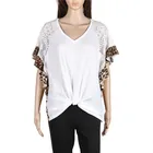 2020 New spring and summer Fashion V Neck Waffle Tops Leopard Lace Sleeve Tie Tops For Women