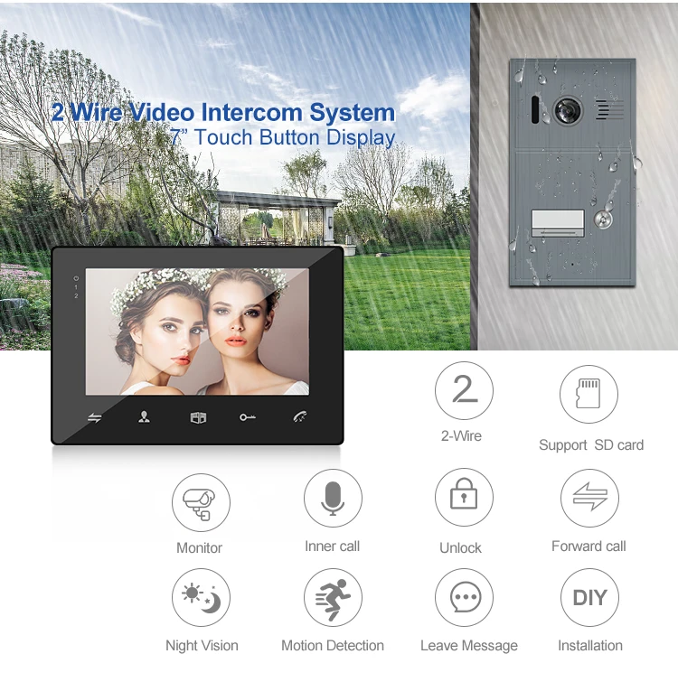 Muti unit villa 4 family waterproof 2 wire 2 way 7" video intercom panel outdoor monitor ,  intercomunicador inteligente