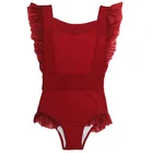 Women's Ruffle Trim One Piece Plus Size Swimsuit Red Color Halter Backless Bathing Suits