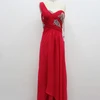 elegant lady one shoulder polyester chiffon gown beading on bodice pleated dresses with small tail shoulder red evening dress