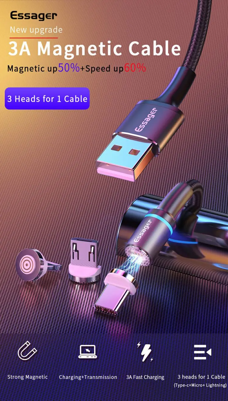 Essager 2019 Newest Magnetic Charging Data Micro USB Cable For android IOS Type C - ANKUX.COM