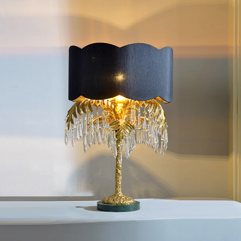 Kristall Tisch Lampe Schwarz Schatten Neue Design Kokosnuss Baum Messing Nacht Lampe mit Grün Marmor Basis Schreibtisch Licht