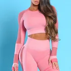 Best Sales Sports Wear Women Mesh Seamless Fitness Crop Top Long Sleeves Gym Apparel Training Shirts