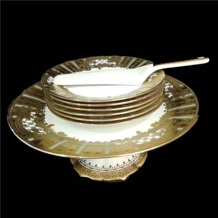 Wedding cake plates with stand with cake knife with 6 plates gold inlay fer party decorative cake set