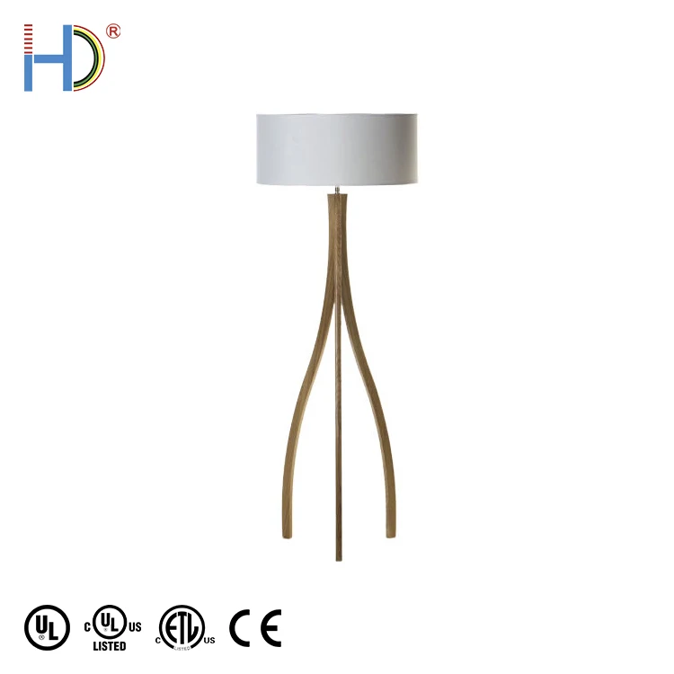 Decorative Curved 3 legs White Fabric Hardback Shade Wood Floor Lamp