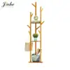 Bamboo Tree Garment Clothes Coat Hat Umbrella Portable Hanger Stand Rack with 3-Tier Storage Shelves and Hooks