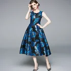 100% polyester summer round neck retro sleeveless floral print big swing style zipped ruffled midi dress