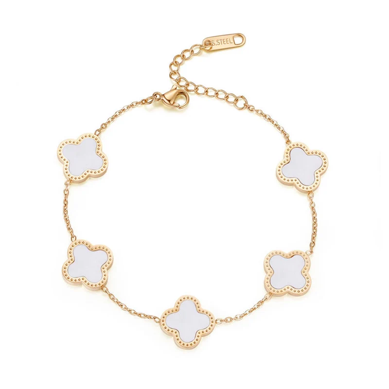 Wholesale Hot Sale Jewelry Luxury Gift Stainless Steel 18K Gold Women Lucky Flower Double Face Bracelet, As picture
Wholesale Hot Sale Jewelry Luxury Gift Stainless Steel 18K Gold Women Lucky Flower Double Face Bracelet, As picture