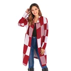 Autumn Turn-down Collar Plaid Striped Sexy Ladies Long Sleeve Cardigan Cashmere Sweater Coat