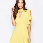 summer fashion yellow v-neck halter ruffle short sleeve chiffon dress for ladies