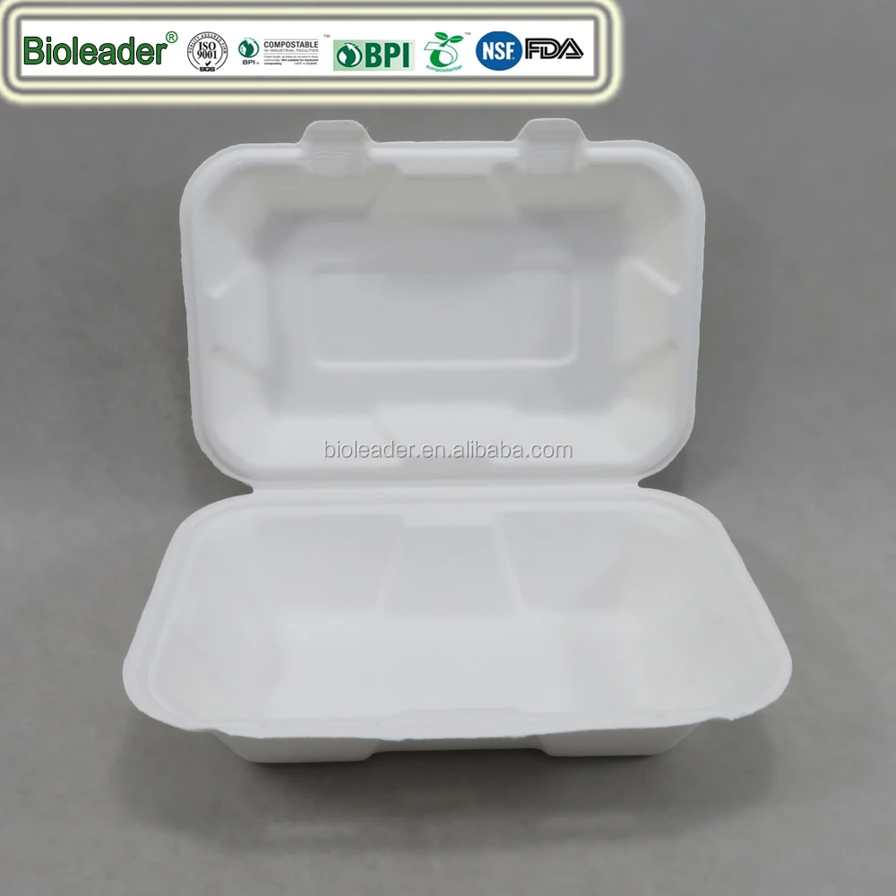 Biodegradable Sugarcane Pulp 2 Compartments Disposable Food Container For Takeout