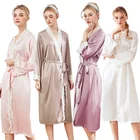 Women Silk Robe Lace trim Long Night Dressing Gown bridal Satin Robes